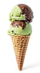 Frozen artisan treat with stacked green and brown scoops in a waffle cone, styled for ads, packaging, and editorial food use.