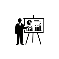 Business Presentation Icon: A simple yet effective black icon depicting a businessman presenting data charts and graphs on a flip chart during a business presentation.