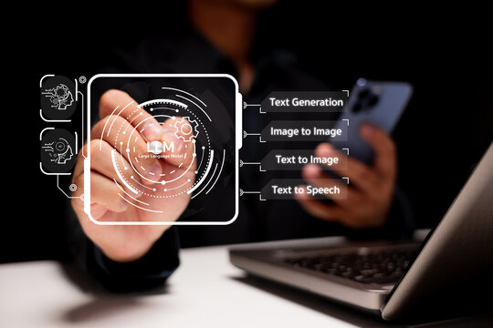 A person interacts with a digital interface displaying AI language model features like text generation, image to image, text to image, and text to speech.