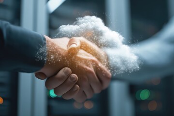 Hands Shaking in Front of Server Rack Symbolizing Partnership in Technology