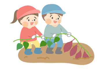 サツマイモを掘る子供たちのイラスト