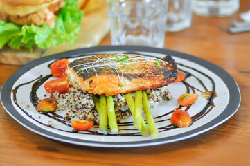 grilled salmon,salmon steak or fish steak and quinoa or rice