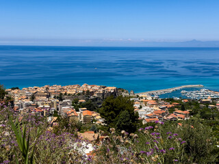 Panoramic view of Tropea, a charming town perched on a cliff overlooking the Tyrrhenian Sea in...