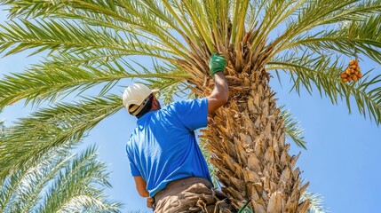 Worker harvests dates from palm tree