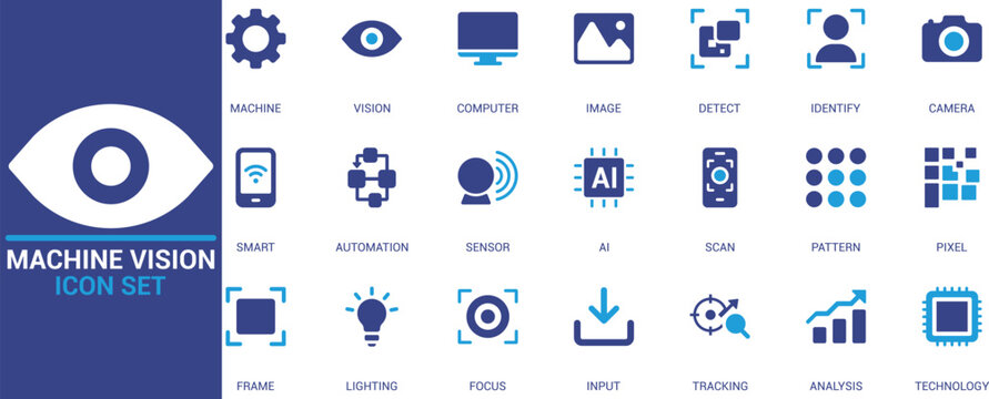 Flat machine vision icon set with AI, computer vision, image detection, sensor, tracking, automation, focus, scan, pixel, pattern, and technology symbols.