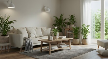 A bright and airy living room with comfortable furniture and potted plants.