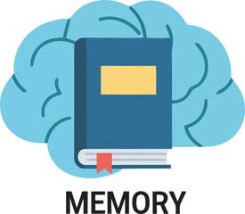 Illustration of a book in front of a brain, representing memory and learning.