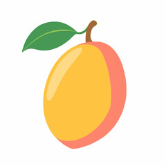 Flat cartoon mango with coral yellow tone and green leaf, perfect for summer food packaging, tropical eco labels or healthy snack branding