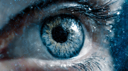 A close-up of an eye with digital elements around it