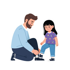 A father kneels to help his young daughter tie her shoelaces, showcasing a tender moment of paternal care and assistance.