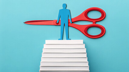 Toxic Workplace - A fragile blue paper cutout figure precariously balances on a stack of tasks, while looming red scissors threaten to cut the support, creating a tense scene.