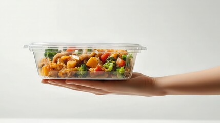 Healthy Chicken and Vegetable Meal Prep in Hand on White Background
