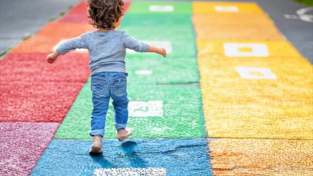 Toddler running on a colorful hopscotch path