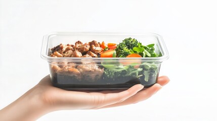 Healthy Chicken and Vegetable Meal Prep in Hand on White Background
