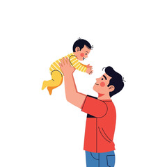 A father joyfully lifts his baby high in the air, celebrating a happy moment.
