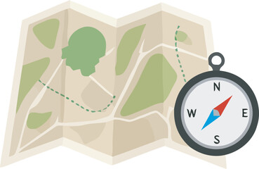 A folded map with a dotted path and a compass pointing the direction.