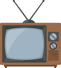 Illustration of a vintage television set with rabbit ear antennas, brown casing, and control knobs.