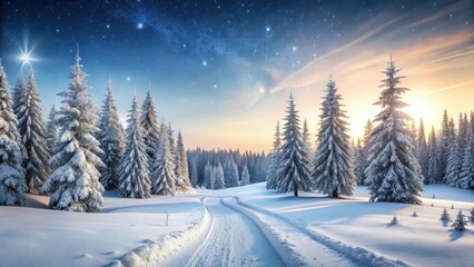 Serene Winter Wonderland Snow-Covered Evergreens and a Path Through a Sparkling, Starlit Sky at Sunrise