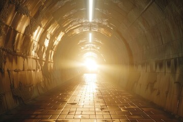 Bright light shining at tunnel end illuminating grunge tiles floor and futuristic architecture