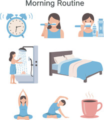Illustrated depiction of a typical morning routine, showing various activities.