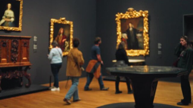 People exploring an art gallery with blurry paintings in ornate frames creating a museum ambiance indoors with a defocused background.