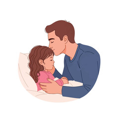 A loving father gently kisses his sleeping daughter's forehead on her bed.