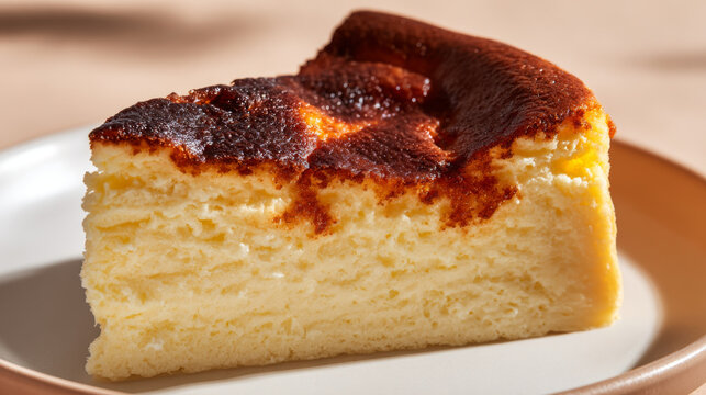 Basque cheesecake slice with creamy texture and caramelized top on plate, inviting and delicious dessert