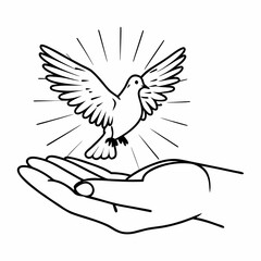 Obraz premium Line art illustration of a dove flying from an open hand bird