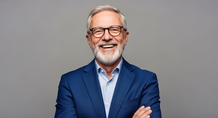 Happy and Confident Senior Businessman with White Beard and Glasses