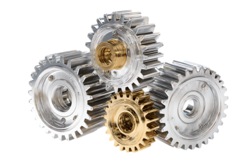 Close up of three metallic gears interlocked.