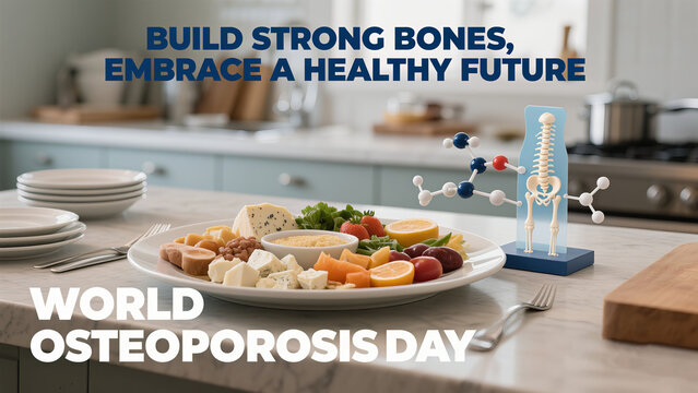 Table healthy food and bone model, representing nutrition and bone building health, used for promoting healthy eating and family bone health education scenarios. - Powered by Adobe
