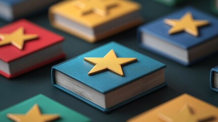 Colorful closed books with golden stars on their covers arranged on a surface, symbolizing achievement or rating.