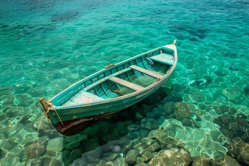 Obraz premium Old turquoise rowing boat moored in shallow transparent water over stones
