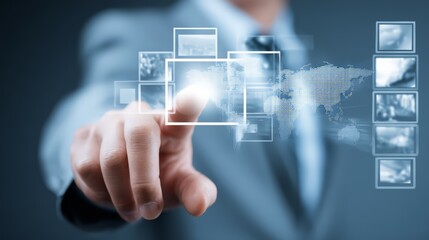 A businessman interacting with digital interface technology for innovation.