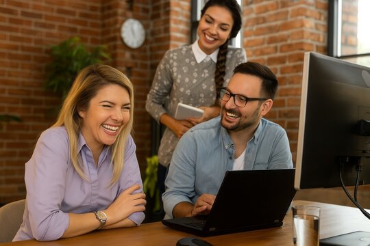 Three joyful colleagues share laughter in a vibrant modern office, showcasing teamwork and camaraderie around computers and digital tablets in a friendly workspace.