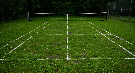 A rustic outdoor grass tennis court with visible white lines and a net, set in a natural, overgrown environment, hinting at a forgotten or naturalized playing area.
