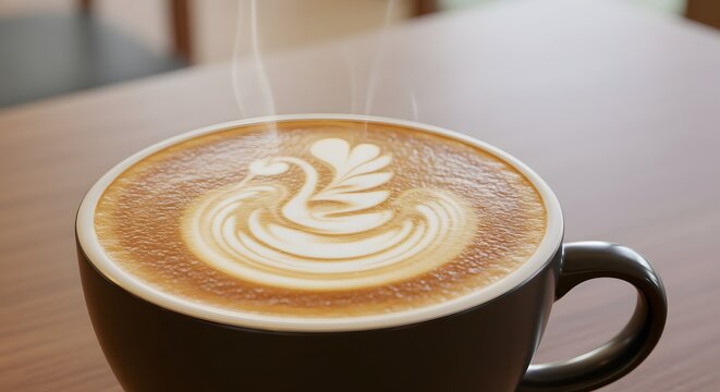 Steaming cappuccino with elegant swan latte art in a dark grey mug on a wooden table.