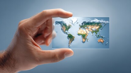 A hand holding a transparent card showing a detailed world map for global views.