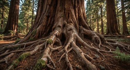 Obraz premium A close up view of the base and roots of a large tree in a forest with other trees in the background