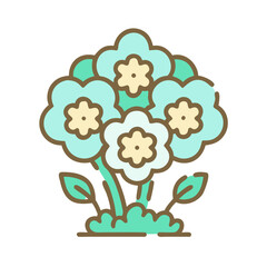 Stylized bouquet of blue flowers with green leaves and brown outlines