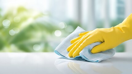 A hand in a yellow glove cleans a surface with a cloth, promoting cleanliness and hygiene.