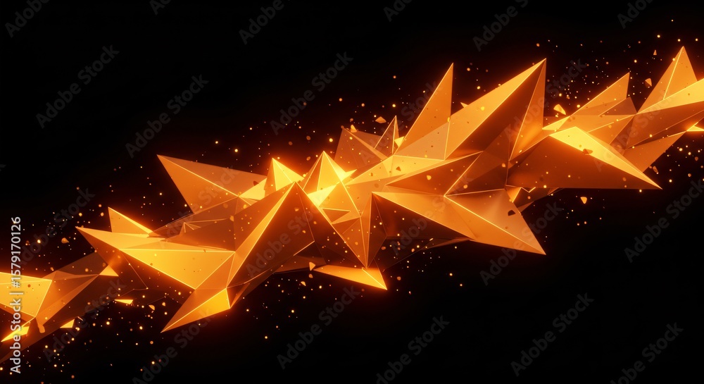 Poster golden abstract shapes with sharp edges floating against a dark black gradient background
