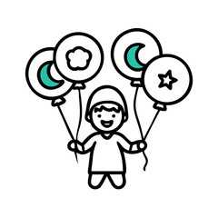 Smiling boy with balloons celebrating Eid or other special Muslim occasion