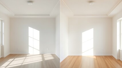 Minimalist room interior transformation shown in a side-by-side comparison with natural lighting and simple design.