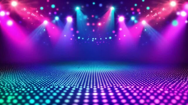Abstract stage with neon lights and patterned floor creating a vibrant atmosphere