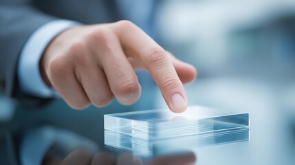 A professional hand pressing a transparent button on a sleek surface.