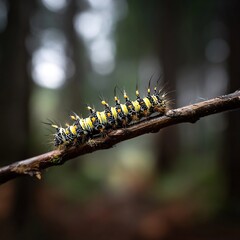 Fototapeta premium Close-up of a vibrant yellow and black caterpillar crawling on a branch in nature