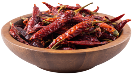 Dried Thai birdas eye chili in bowl, isolated on white background