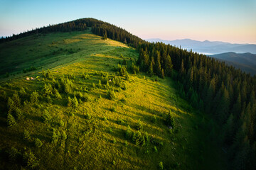 Aerial view of campsite on grassy hillside, with tents scattered amidst lush greenery and small...