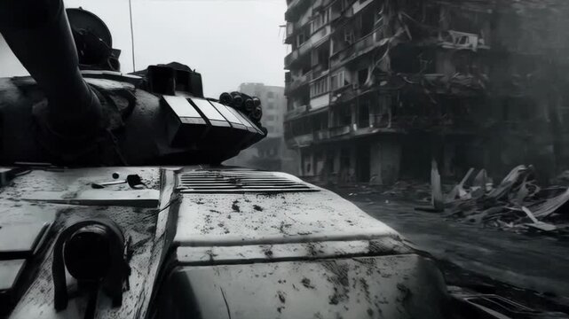 Military equipment on a destroyed city street. Applicable in documentaries and news stories about military conflicts.
